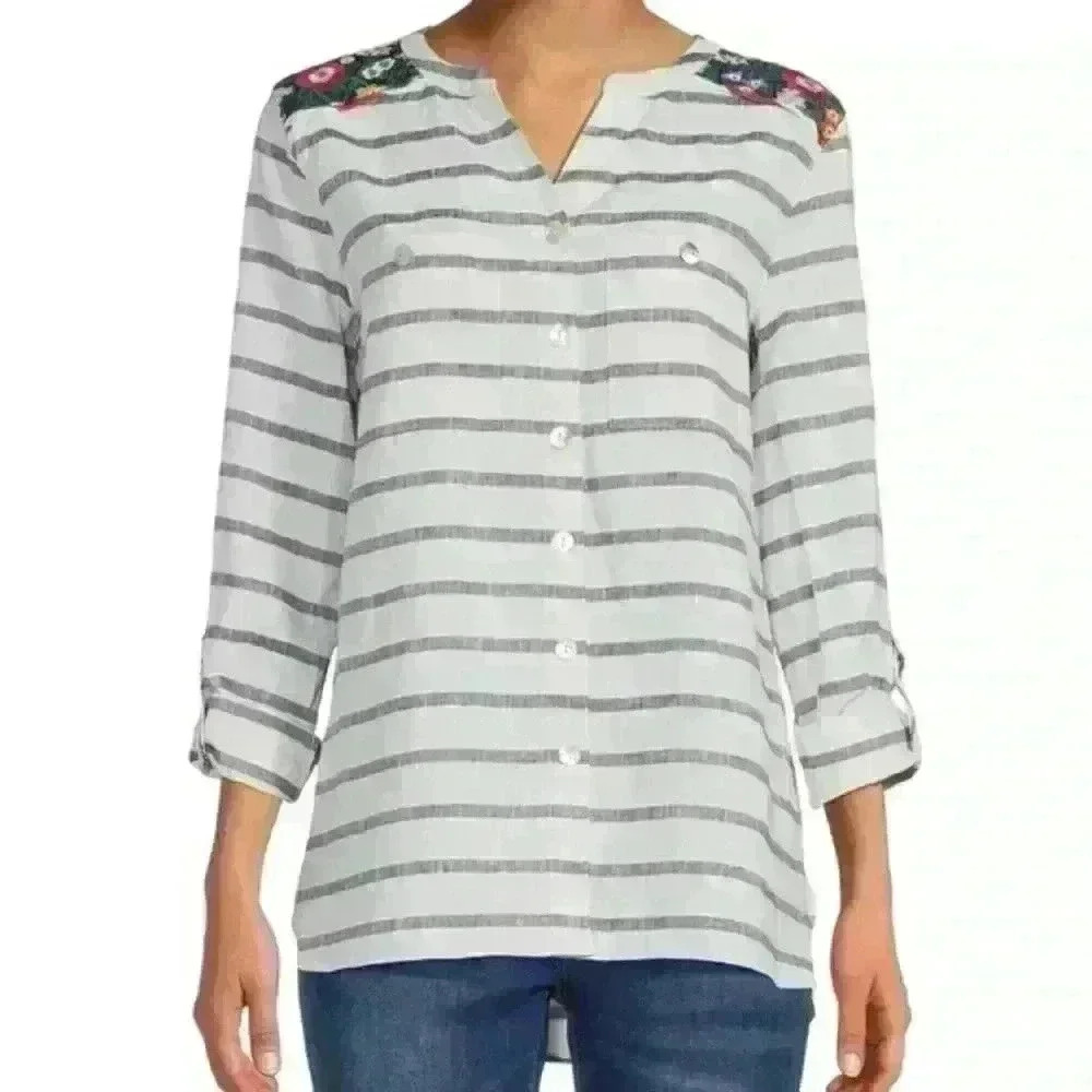 John Mark 100% linen floral embroidered button front blouse sz. XL coastal boho